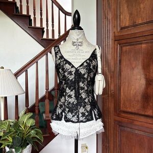 Vtg Black Lace Blouse Lace Uo Corset Lingerie Going Out Lady Cameo